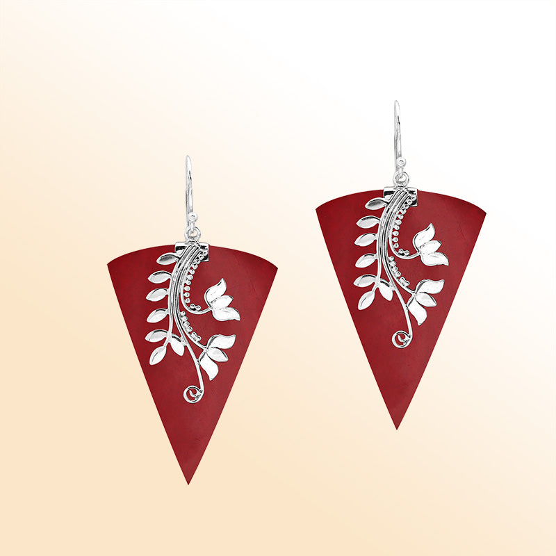 Sterling silver Red Coral drop earrings handcrafted in Bali