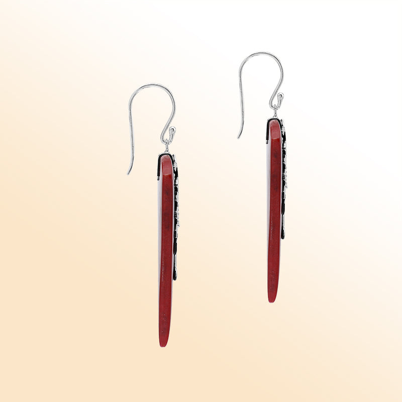 Sterling silver Red Coral drop earrings handcrafted in Bali