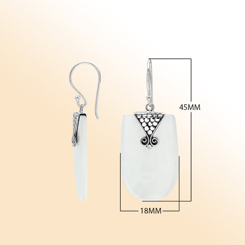Sterling silver Mother Of Pearl drop earrings with ornate silver accent handcrafted in Bali