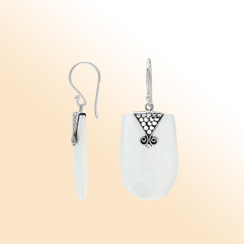 Sterling silver Mother Of Pearl drop earrings with ornate silver accent handcrafted in Bali