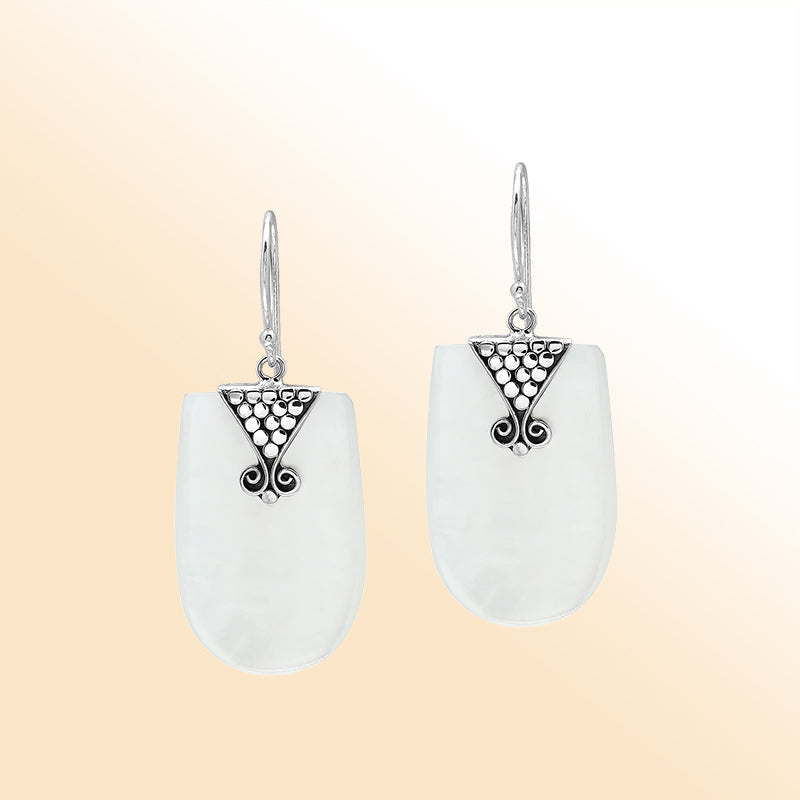 Sterling silver Mother Of Pearl drop earrings with ornate silver accent handcrafted in Bali