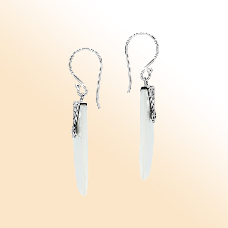 Sterling silver Mother Of Pearl drop earrings with ornate silver accent handcrafted in Bali