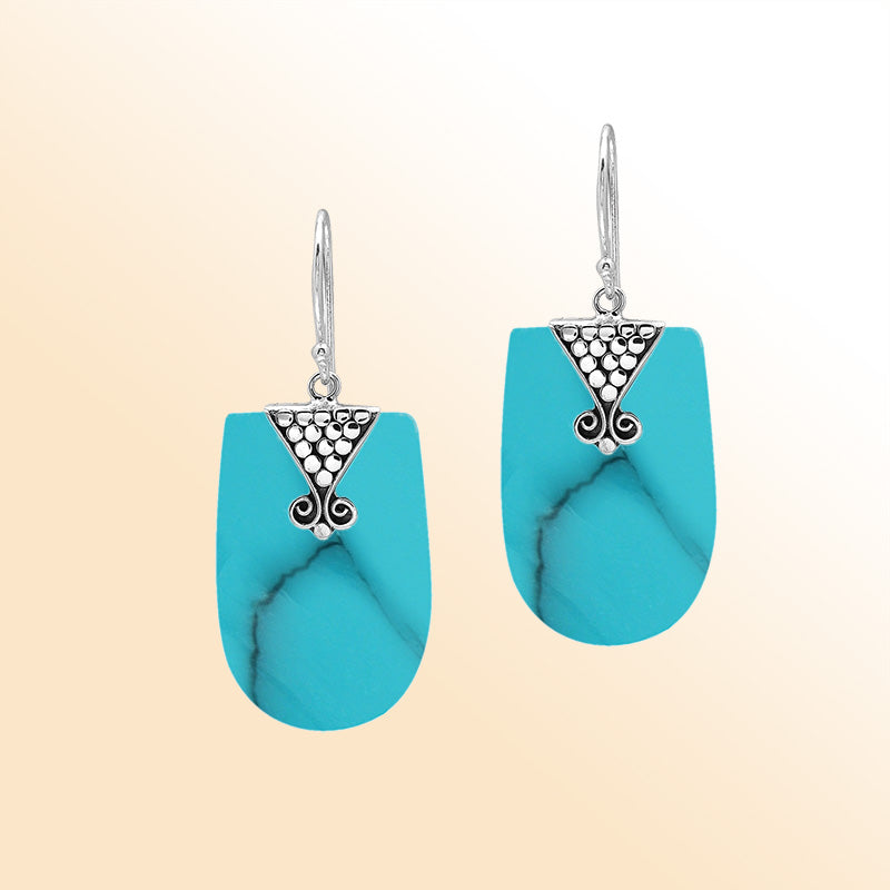Turquoise Shell drop earrings in sterling silver with spiral scroll design