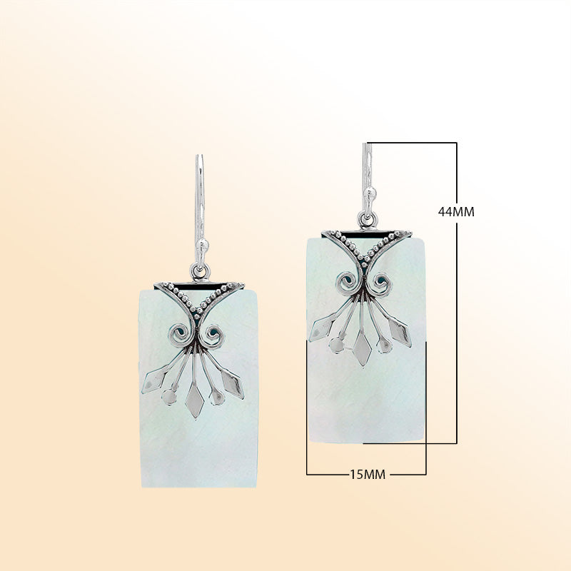 Elegant Mother Of Pearl silver earrings with leaf filigree design