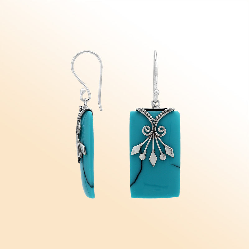 Elegant Turquoise Shell silver earrings with leaf filigree design