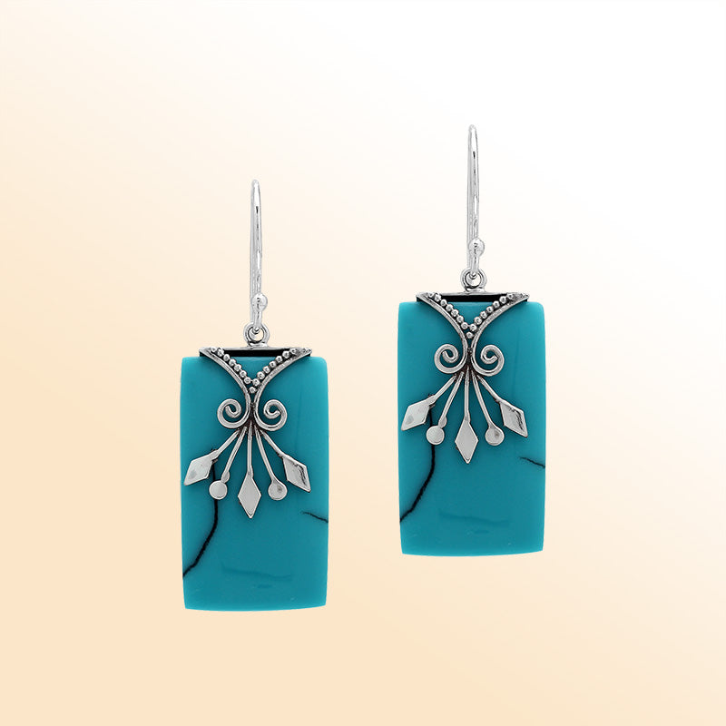 Elegant Turquoise Shell silver earrings with leaf filigree design