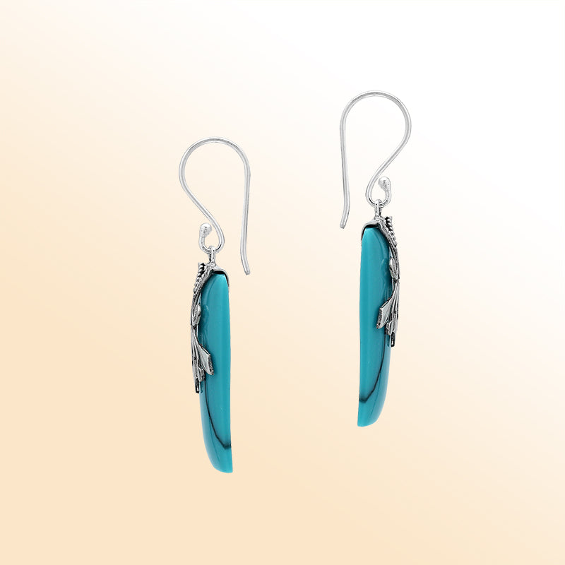 Elegant Turquoise Shell silver earrings with leaf filigree design