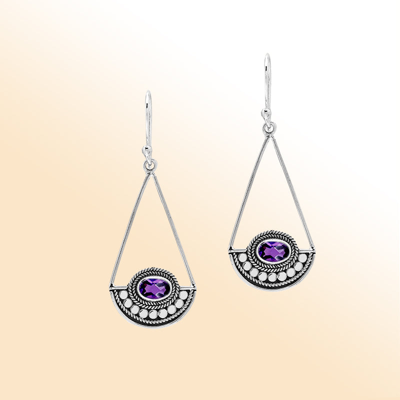 Elegant Amethyst Quartz silver earrings with beaded triangle design