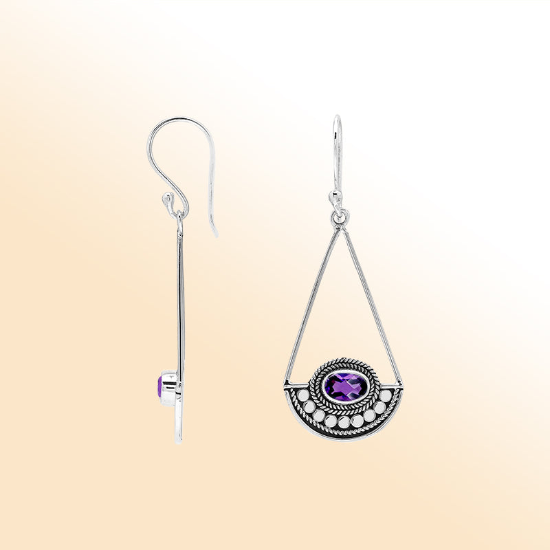 Elegant Amethyst Quartz silver earrings with beaded triangle design