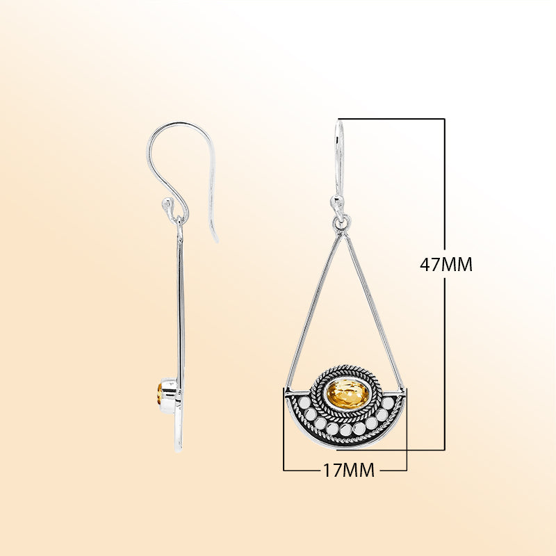 Elegant Citrine Quartz silver earrings with beaded triangle design