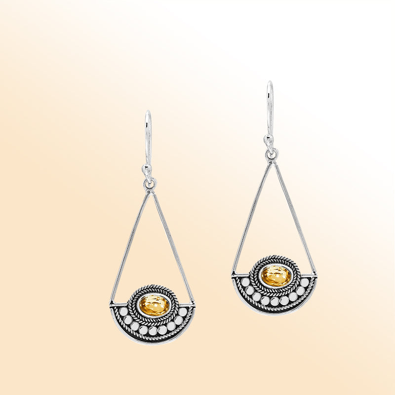 Elegant Citrine Quartz silver earrings with beaded triangle design