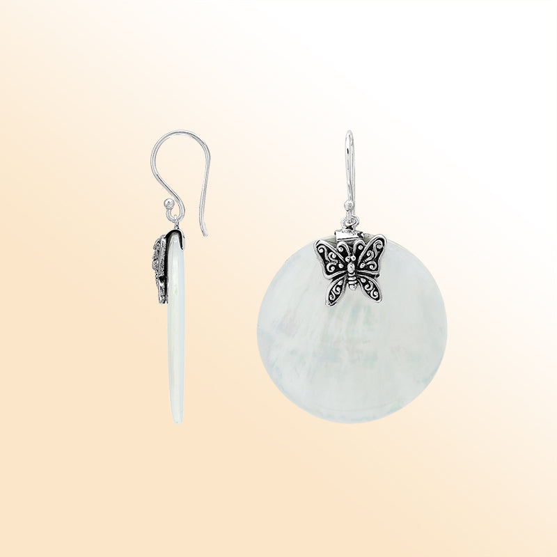 Elegant Mother Of Pearl silver earrings with butterfly motif design
