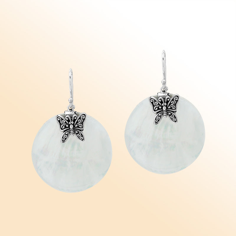 Elegant Mother Of Pearl silver earrings with butterfly motif design