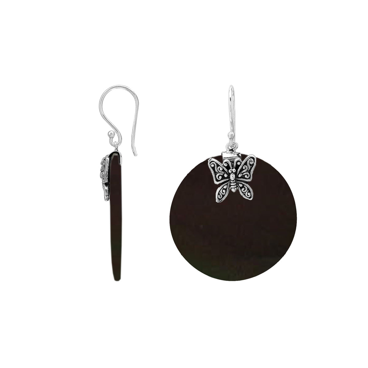 AE-1220-SHB Sterling Silver Earring With Delicate Butterfly On Black Shell