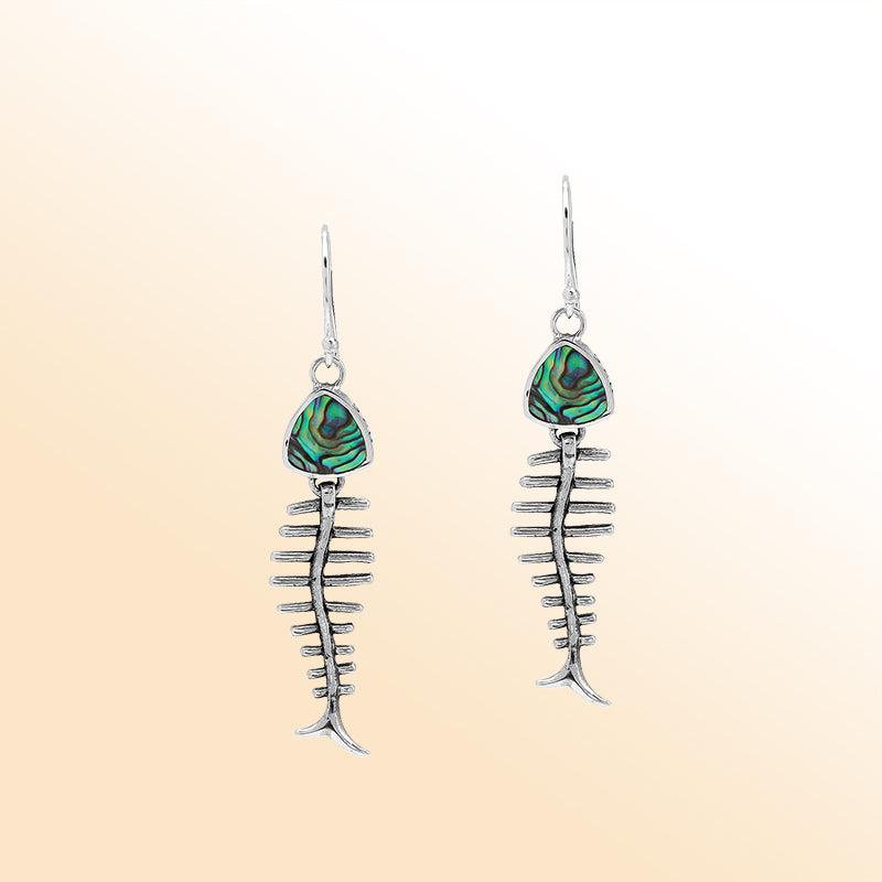 Elegant Abalone Shell silver earrings with fishbone design