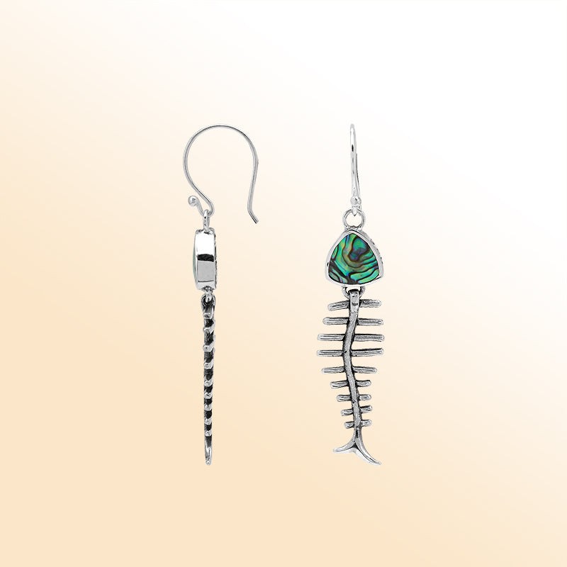 Elegant Abalone Shell silver earrings with fishbone design