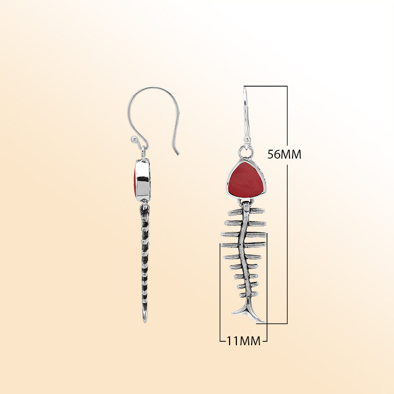 Elegant Red Coral silver earrings with fishbone design