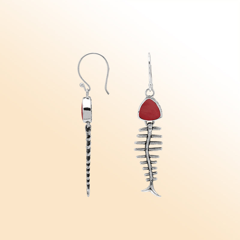 Elegant Red Coral silver earrings with fishbone design