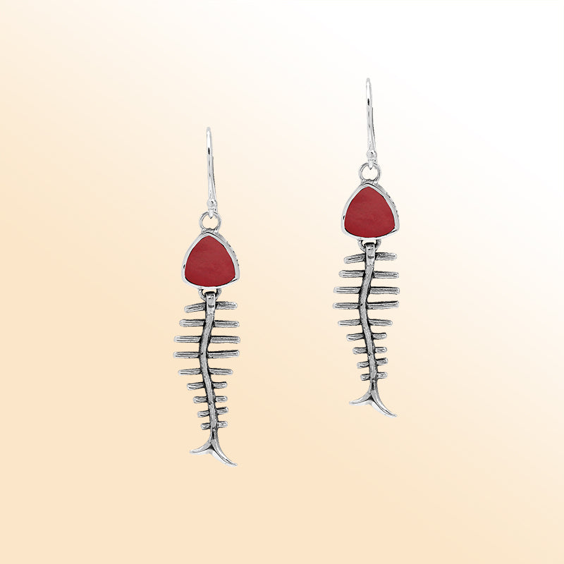 Elegant Red Coral silver earrings with fishbone design