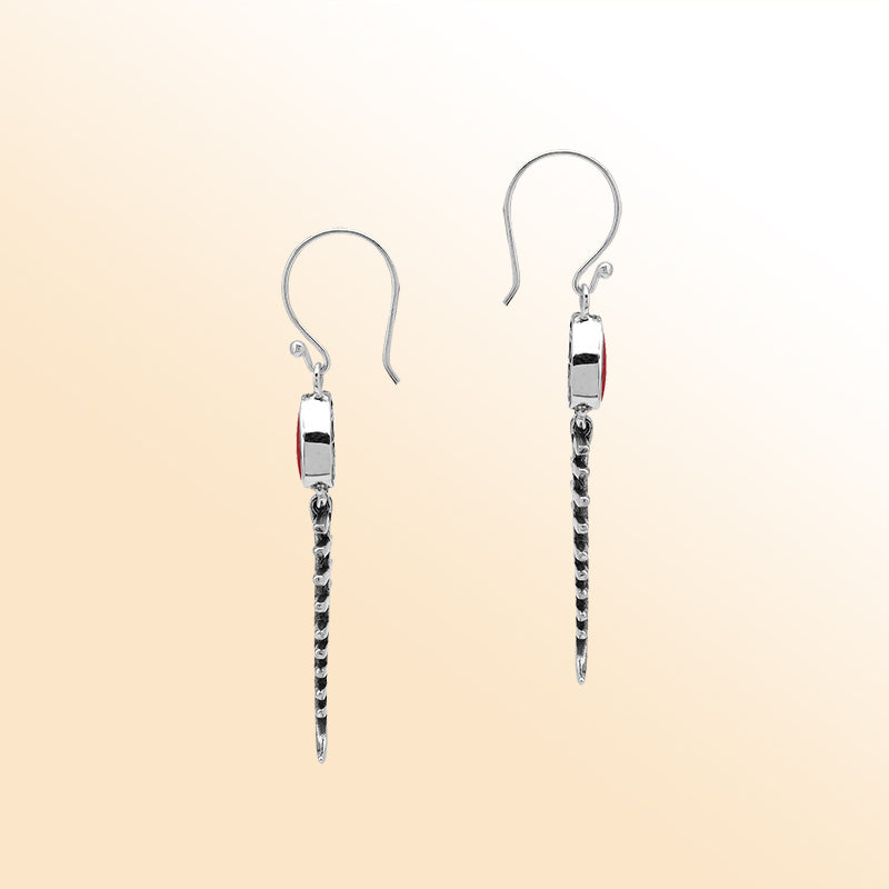 Elegant Red Coral silver earrings with fishbone design