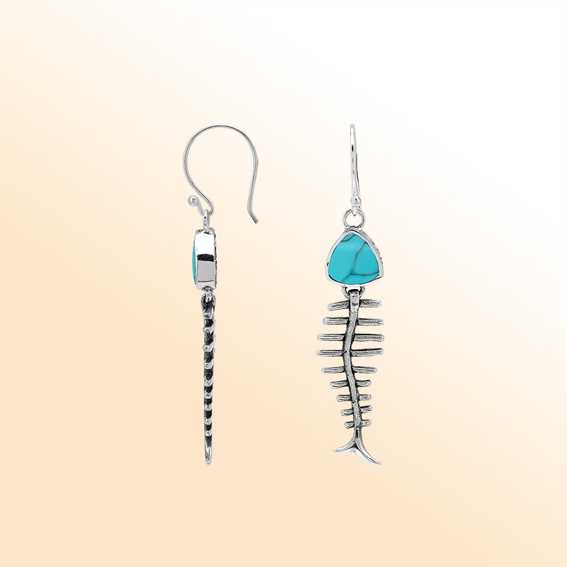 Elegant Turquoise Shell silver earrings with fishbone design