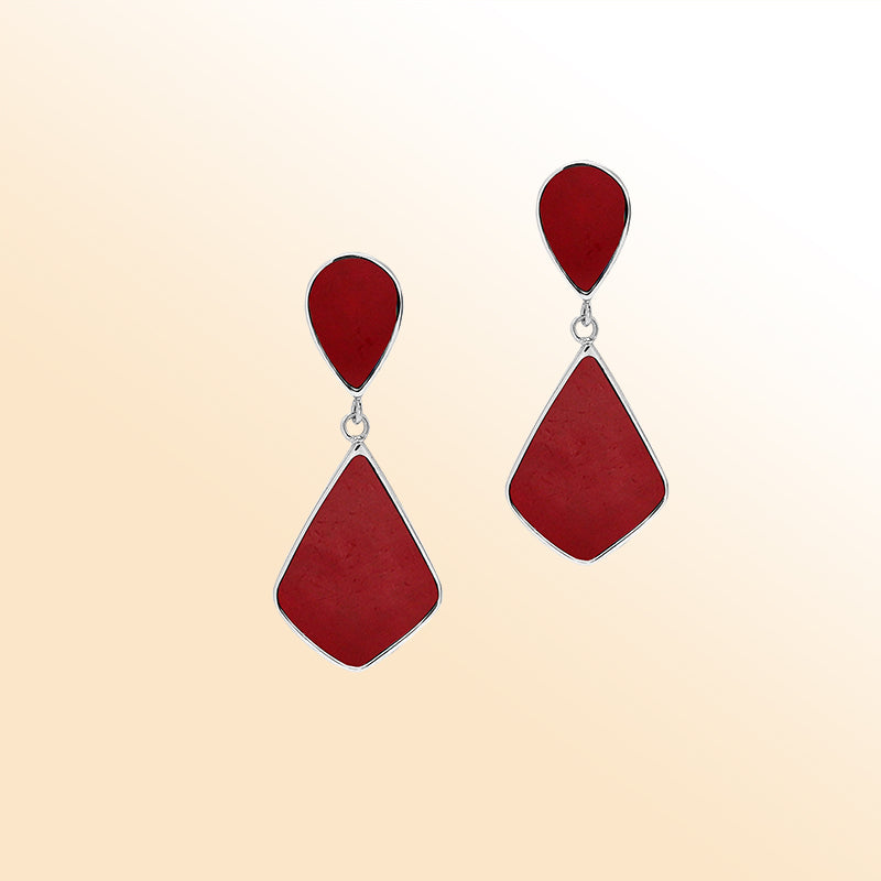 Sterling Silver Red Coral Double Drop Artisan Earrings
