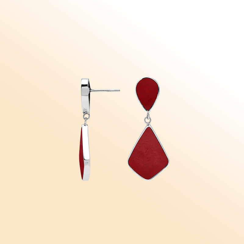 Sterling Silver Red Coral Double Drop Artisan Earrings
