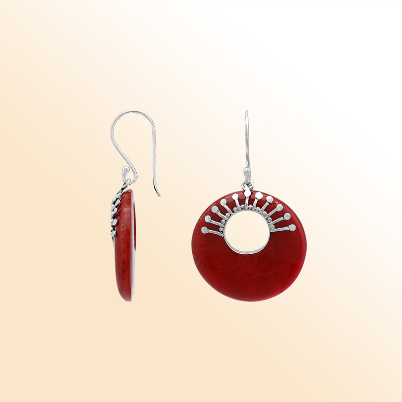 Elegant sterling Silver Red Coral earrings with open circle styling and polished sunburst silver accents.