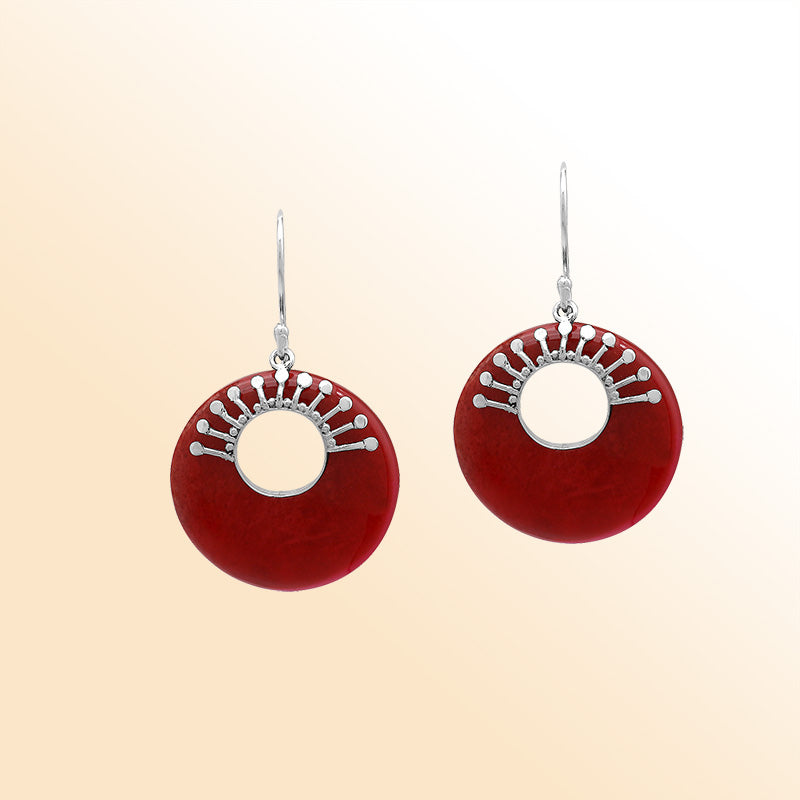 Elegant sterling Silver Red Coral earrings with open circle styling and polished sunburst silver accents.