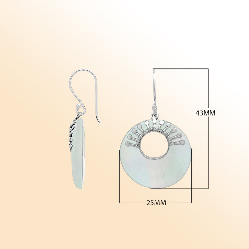Elegant sterling silver Mother Of Pearl drop earrings with cascading round shapes and luminous iridescent detailing.