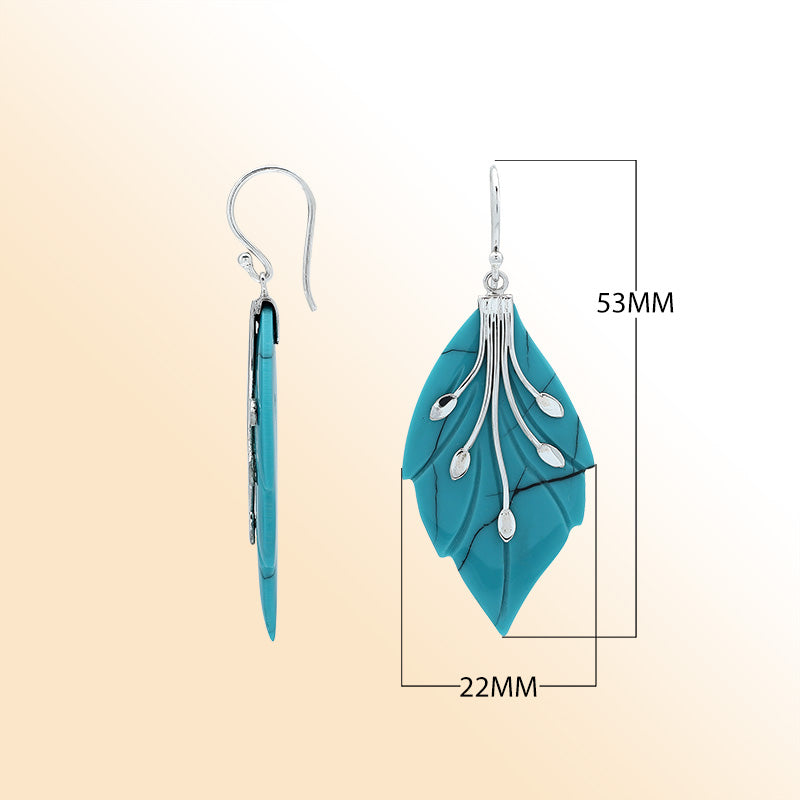 Sterling silver turquoise shell leaf earrings with luminous finish inspired by nature