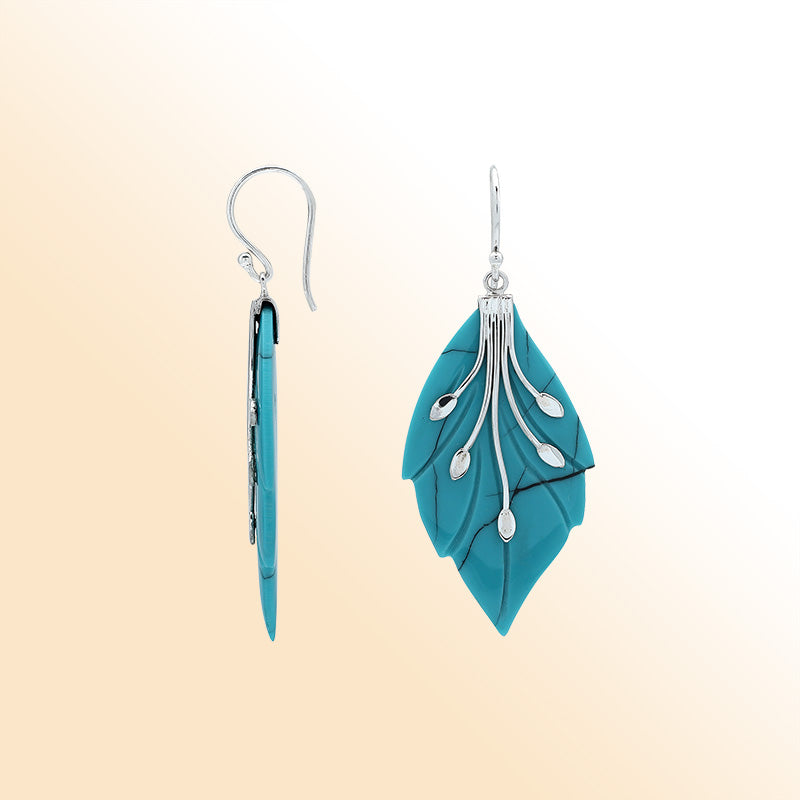 Sterling silver turquoise shell leaf earrings with luminous finish inspired by nature