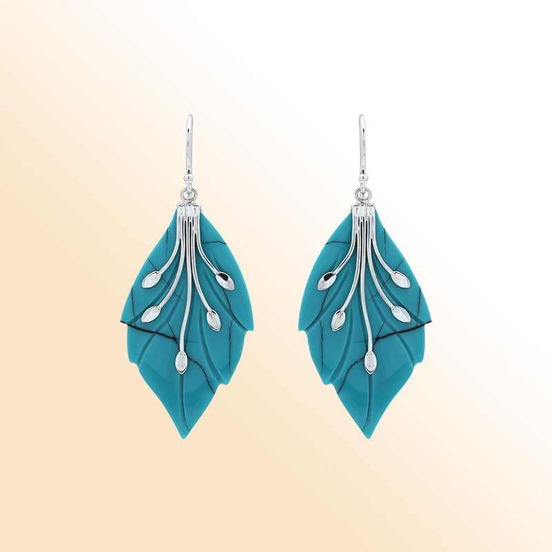 Sterling silver turquoise shell leaf earrings with luminous finish inspired by nature