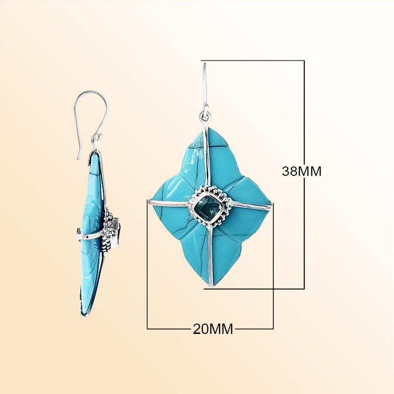 Artistic Turquoise Shell Sterling Silver Floral Drop Earwire Earrings