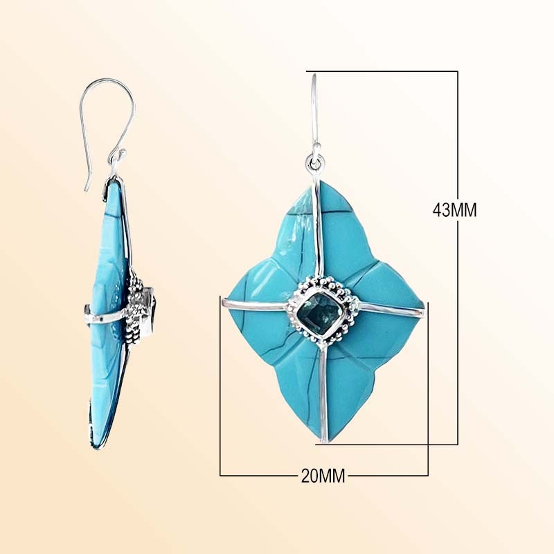 Sterling silver Ocean Bloom earrings featuring vivid Turquoise Shell petals, Blue Topaz Quartz centers, radiating silver lines, and artisan detailing