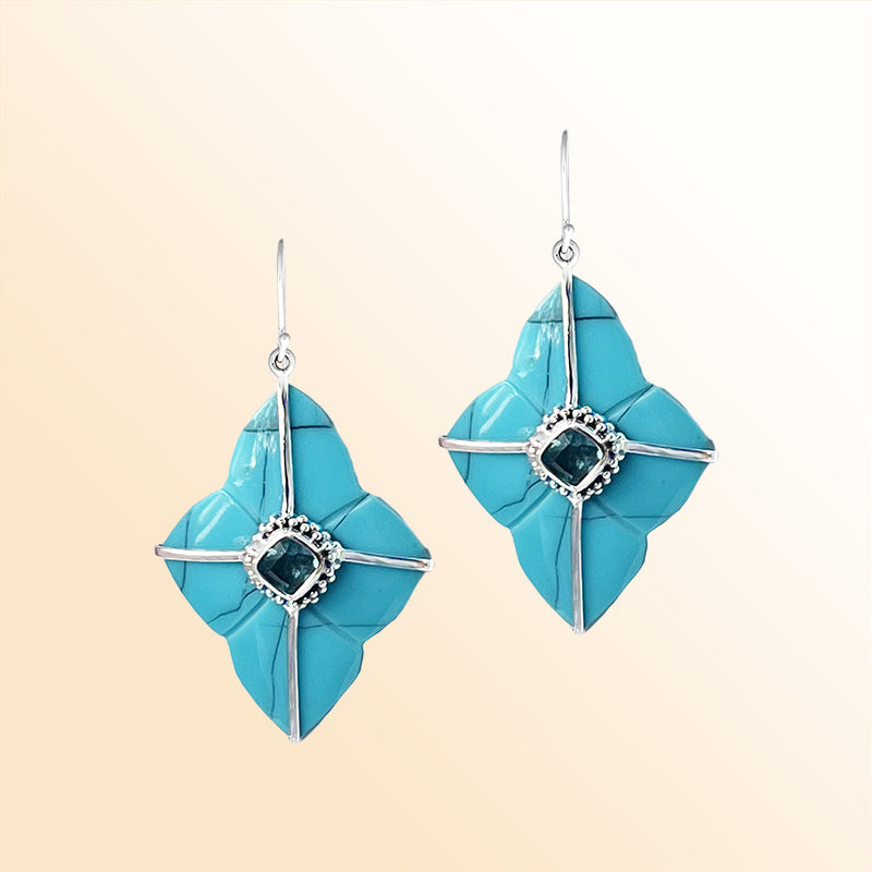 Artistic Turquoise Shell Sterling Silver Floral Drop Earwire Earrings