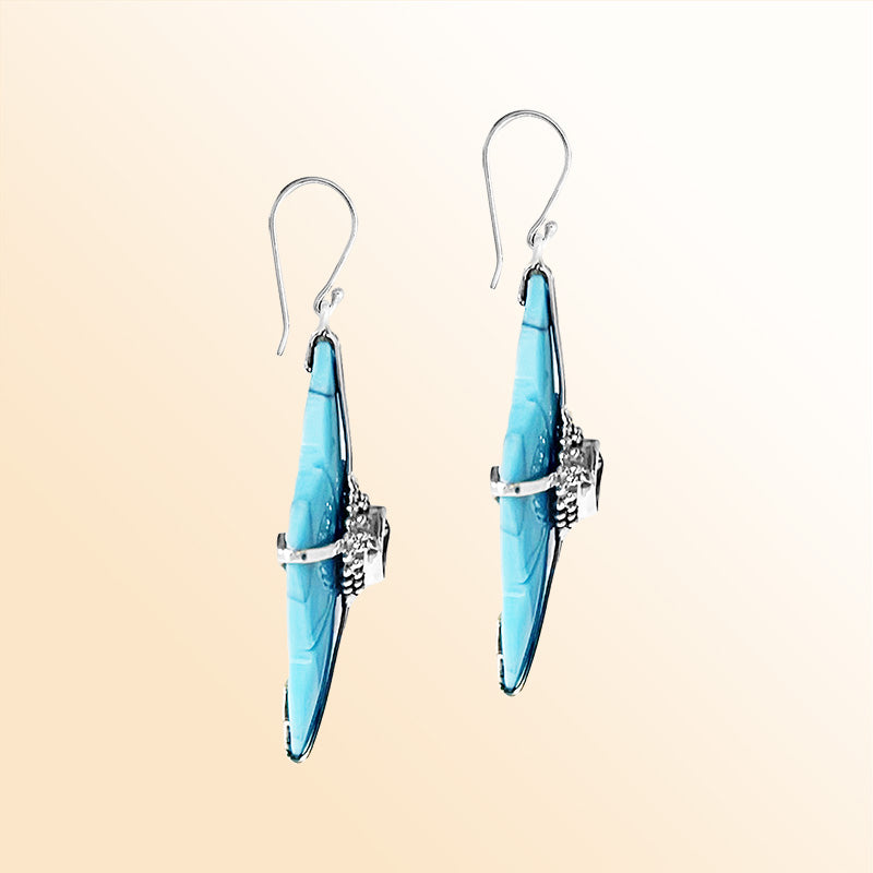 Artistic Turquoise Shell Sterling Silver Floral Drop Earwire Earrings