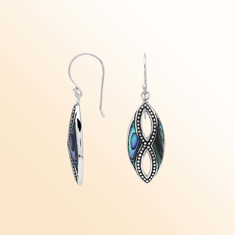 Elegant Sterling Silver Abalone Shell drop earrings showcasing shimmering ocean-blue and emerald-green tones, delicate infinity-shaped silver openwork, intricate oxidized bead accents, and beautifully polished marquise frames.