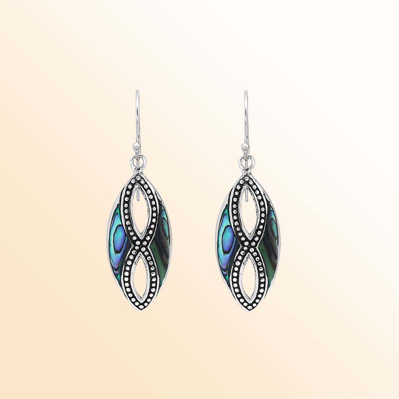 Elegant Sterling Silver Abalone Shell drop earrings showcasing shimmering ocean-blue and emerald-green tones, delicate infinity-shaped silver openwork, intricate oxidized bead accents, and beautifully polished marquise frames.