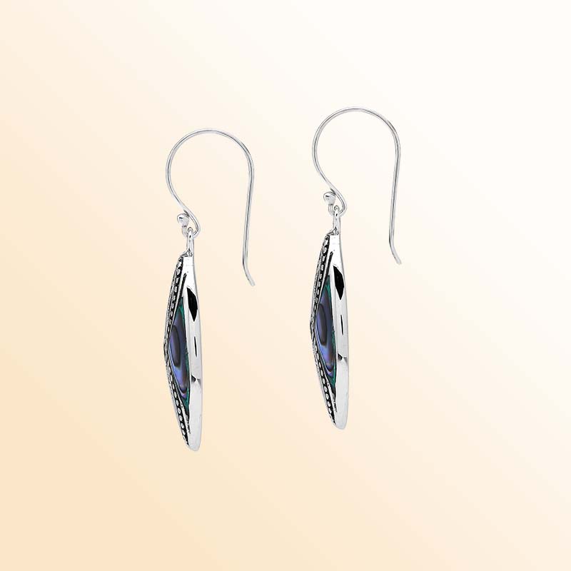 Elegant Sterling Silver Abalone Shell drop earrings showcasing shimmering ocean-blue and emerald-green tones, delicate infinity-shaped silver openwork, intricate oxidized bead accents, and beautifully polished marquise frames.