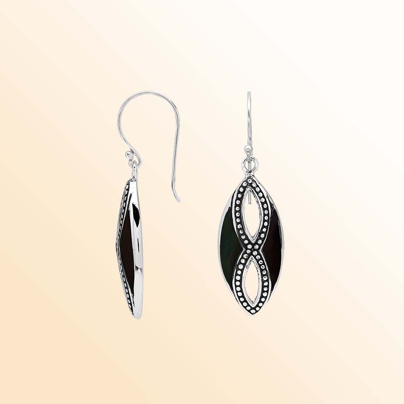 Elegant Sterling Silver Black Shell drop earrings showcasing deep midnight-colored shell inlays, intricate infinity-shaped silver openwork, oxidized beaded accents, polished marquise frames, and graceful fishhook ear wires.