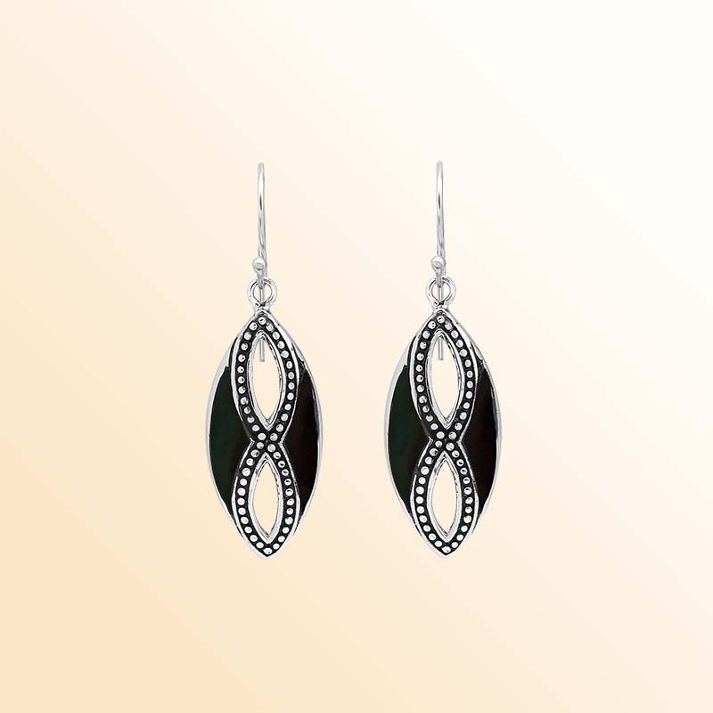 Elegant Sterling Silver Black Shell drop earrings showcasing deep midnight-colored shell inlays, intricate infinity-shaped silver openwork, oxidized beaded accents, polished marquise frames, and graceful fishhook ear wires.