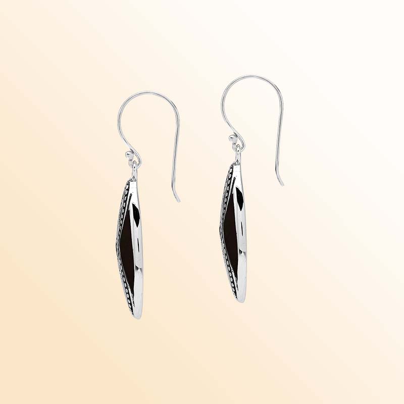 Elegant Sterling Silver Black Shell drop earrings showcasing deep midnight-colored shell inlays, intricate infinity-shaped silver openwork, oxidized beaded accents, polished marquise frames, and graceful fishhook ear wires.