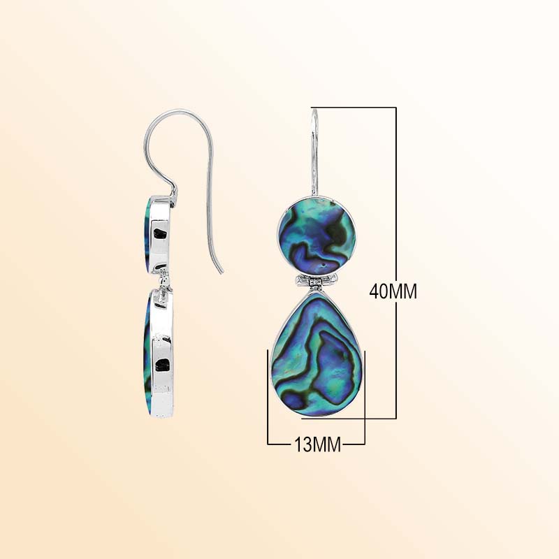 Ocean-inspired sterling silver Abalone Shell earrings with luminous round and teardrop drops showcasing swirling turquoise, emerald, violet, and deep blue tones in polished silver settings.