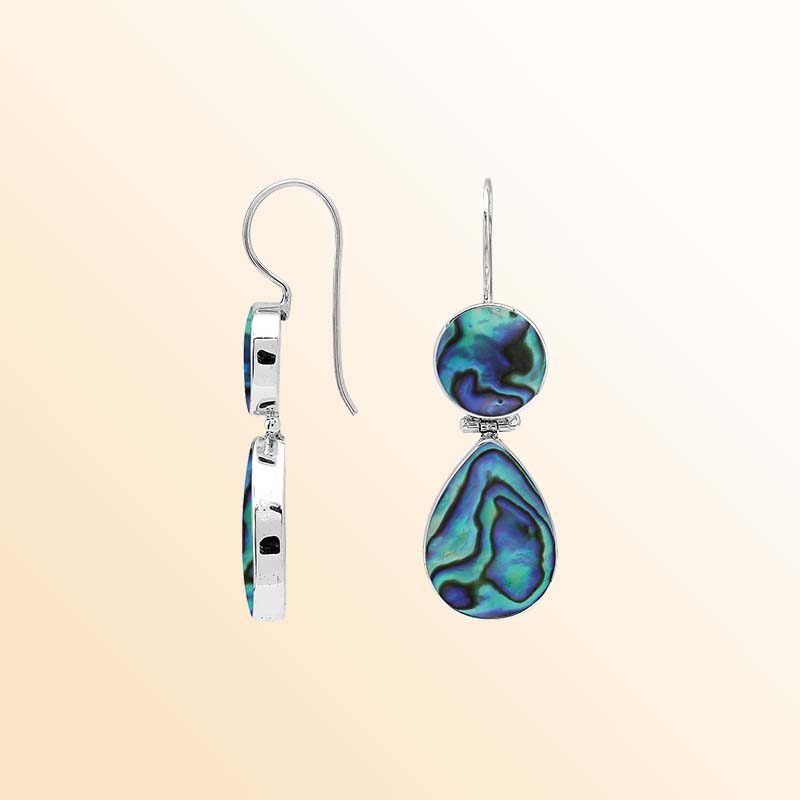 Ocean-inspired sterling silver Abalone Shell earrings with luminous round and teardrop drops showcasing swirling turquoise, emerald, violet, and deep blue tones in polished silver settings.
