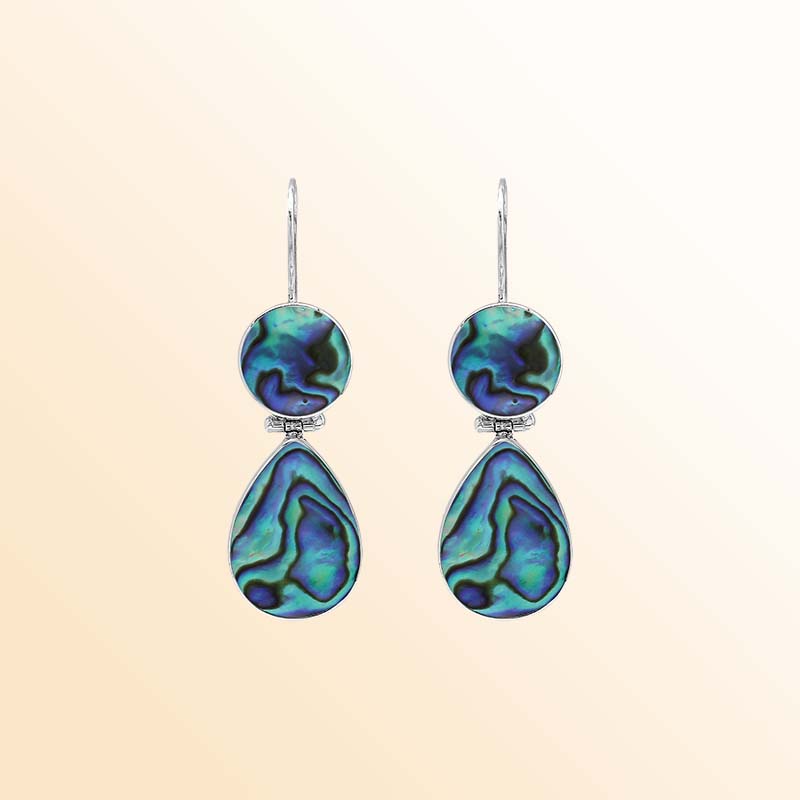 Ocean-inspired sterling silver Abalone Shell earrings with luminous round and teardrop drops showcasing swirling turquoise, emerald, violet, and deep blue tones in polished silver settings.