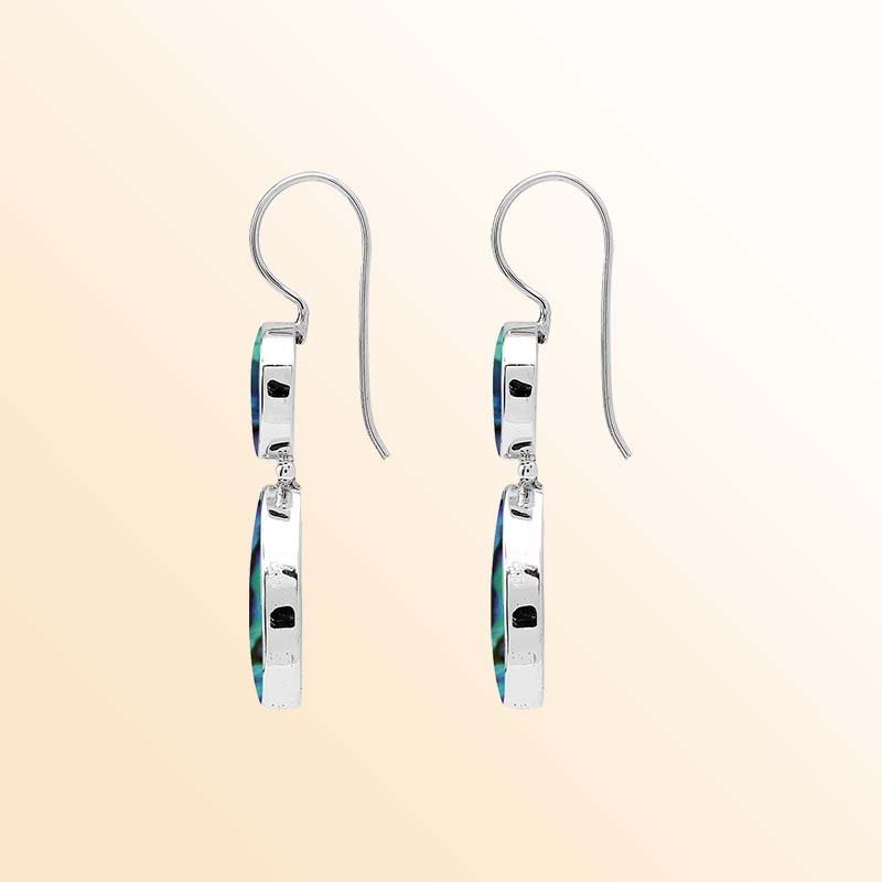 Ocean-inspired sterling silver Abalone Shell earrings with luminous round and teardrop drops showcasing swirling turquoise, emerald, violet, and deep blue tones in polished silver settings.