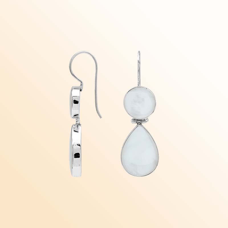 Elegant sterling silver Mother Of Pearl earrings featuring luminous round and teardrop drops, polished silver bezel frames, graceful articulation, and elongated ear wires.