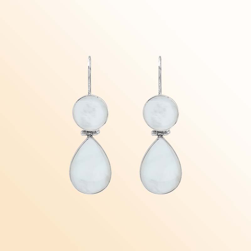 Elegant sterling silver Mother Of Pearl earrings featuring luminous round and teardrop drops, polished silver bezel frames, graceful articulation, and elongated ear wires.