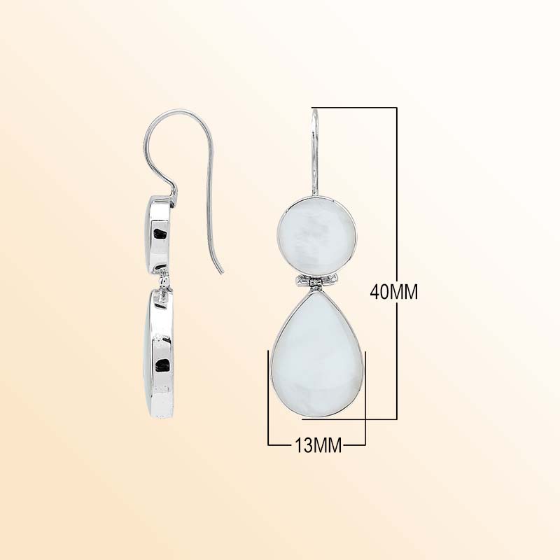 Elegant sterling silver Mother Of Pearl earrings featuring luminous round and teardrop drops, polished silver bezel frames, graceful articulation, and elongated ear wires.